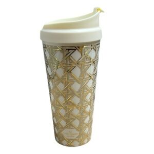 Kate Spade Thermal Travel Mug Gold Cream Basket Weave Pattern 16oz PBA Free
